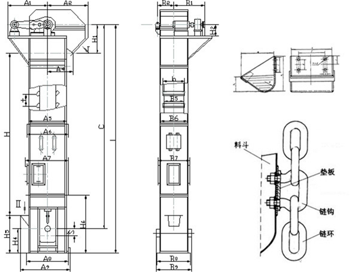 環(huán)鏈斗式提升機(jī)鏈條料斗裝配示意圖及安裝要求